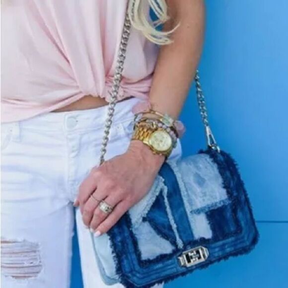 Rebecca Minkoff Love Denim Multi Blue Patchwork Chain Crossbody Shoulder Bag. - Picture 5 of 8